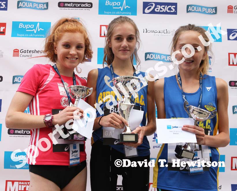 From left to right: 2nd Philippa Chambers (Gateshead), winner Lydia Turner (Birtley) and 3rd Sophie Burnett (Birtley) in the 15-16 BUPA Junior Great Run .